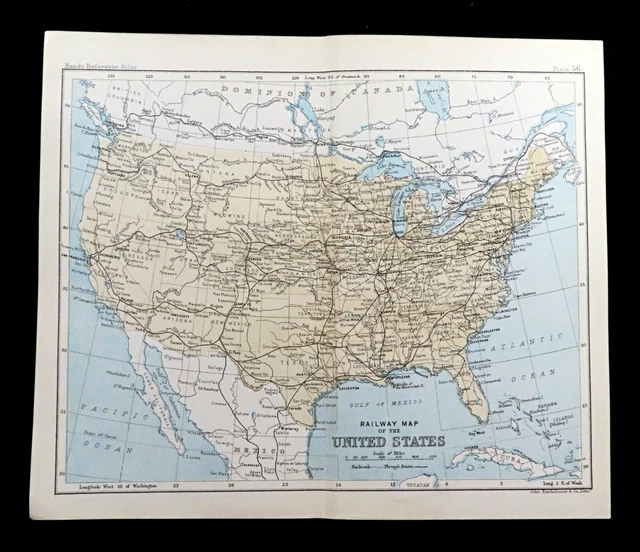 RAILWAY MAP OF the United States of America Rail Network Routes Antique ...