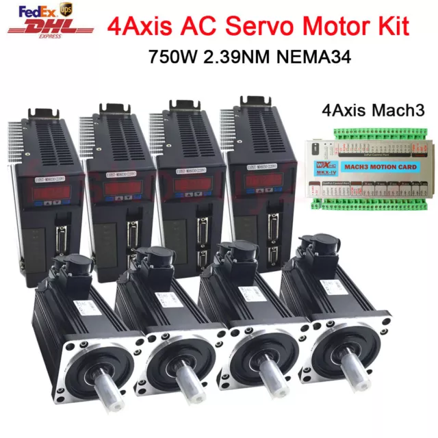 4 Axis 750W AC Servo Motor Driver Kit 2.4NM & Mach3 Motion Controller CNC Mill