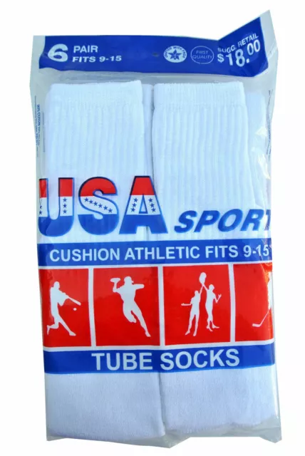 6 Paris Mens Cotton Athletic Sports Tube Socks 22" Size 9-15 White Made For USA