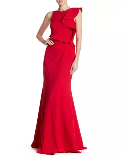 💗 JAY GODFREY Red Rosas Hall One Shoulder Ruffle Stretch Mermaid Gown 2 US XS