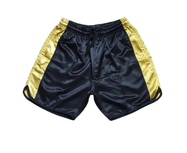 Black Gold Satin Boxing Shorts with Retro Style