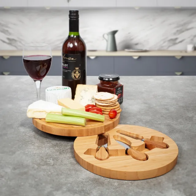 Cheese Board, Serving Tray Set With 3 cheese Knives, Wooden Round Serving board
