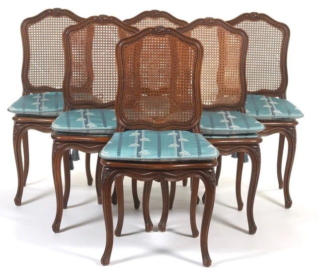 Six French Louis XV Country Style Caned and Cushioned Dining Chairs Silk Fabric Six French Louis XV Country Style Caned and Cushioned Dining Chairs Silk Fabric