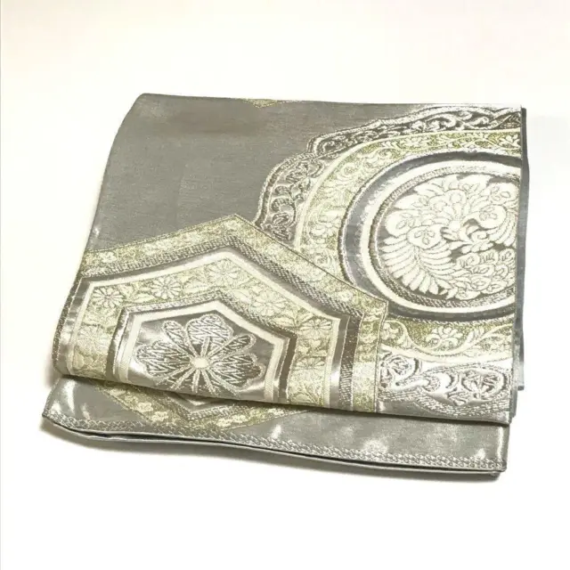 8598# Japanese Vintage Fukuro Obi Belt Kimono Pure Silk Silver Obi Fabric