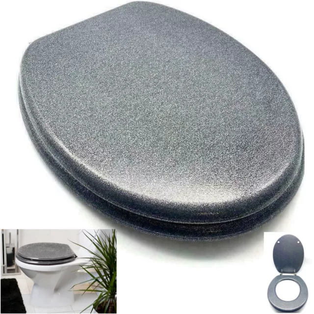 Glitter Sparkly Resin Grey Toilet Seat Strong Chrome Hinges Loo Seat W Fittings