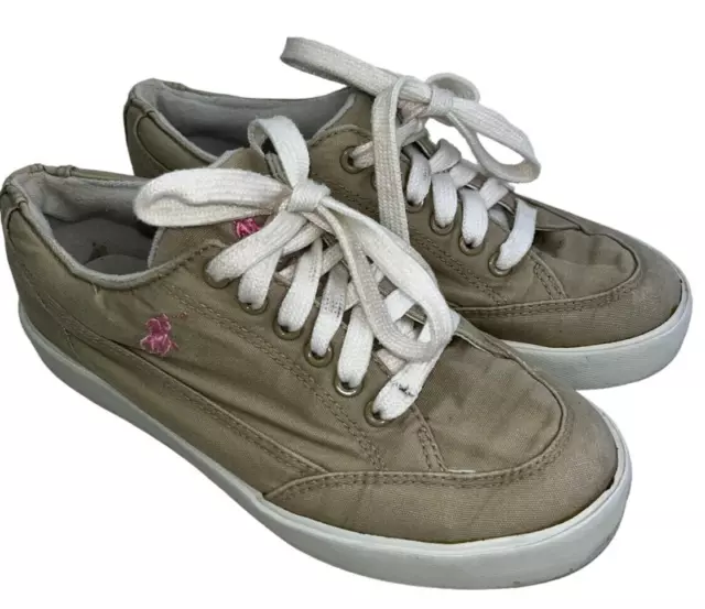 Polo Ralph Lauren Tan Lace Up Canvas Boat Shoes Sneakers Women's 6 B Pink Pony