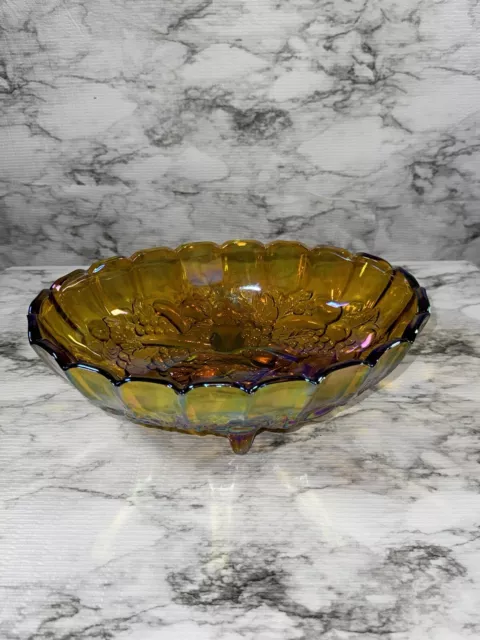 Vintage Indiana Iridescent Amber Carnival Glass Harvest Grape Oval Footed Bowl 3