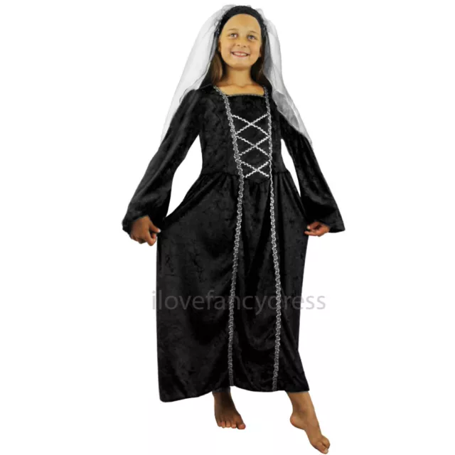 Tudor Princess Black Fancy Dress Costume Medieval Queen Childs Dress & Headpiece