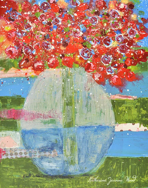 Large Floral Painting Mixed Media Collage Red Roses Flower Art