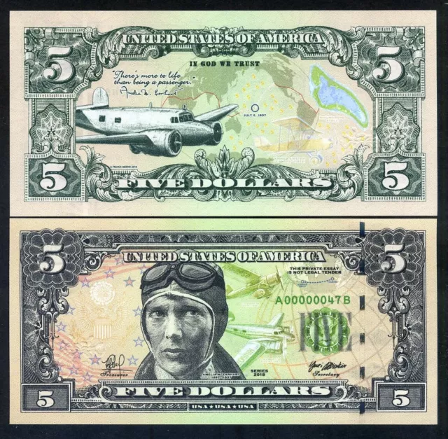 USA, $5, 2018, private Issue, essay proposed design - Amelia Earhart