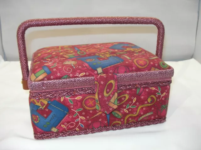 Lovely Vintage Portable Fabric Covered Sewing Box with Handle/Compartments