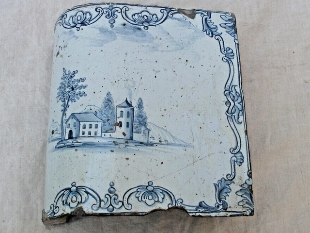 Antique Blue and White Dutch Delft Large Curved Tile 17thc.