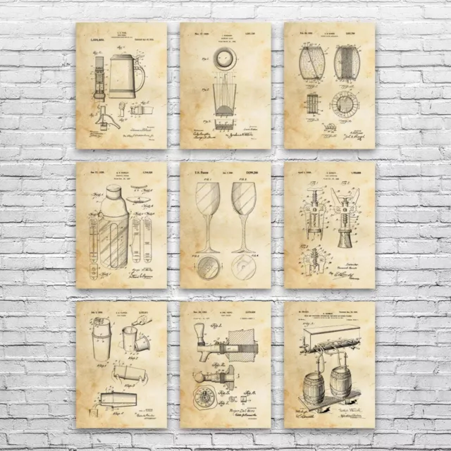 Bar Pub Patent Posters Set of 9 Bar Decor Bartender Gift Restaurant Art Wall Art