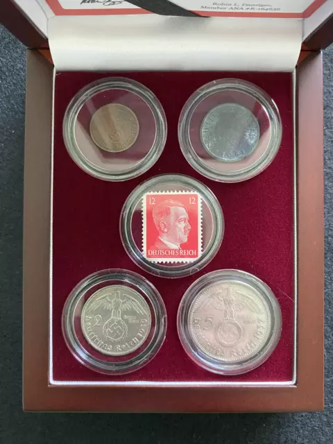 WW2 CERTIFIED German Coins TWO SILVER One Zinc & Bronze Mint Stamp Display Box 2