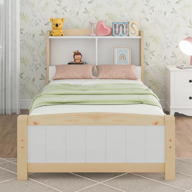 Kids Bed 3FT Single Size Bed Solid Pine Wooden Bed Frame w/Storage Headboard SR