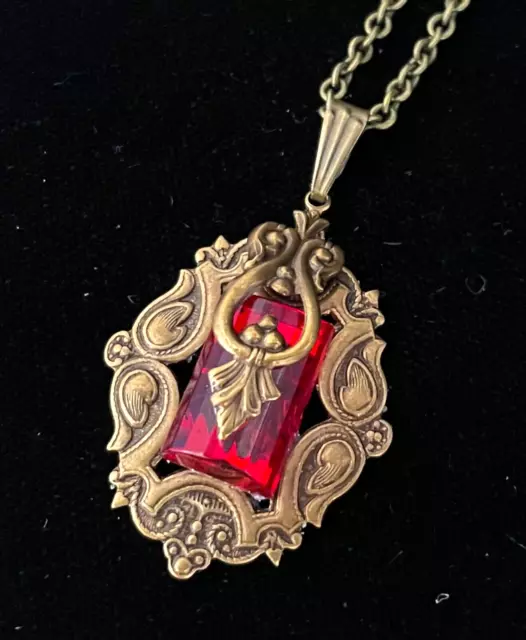 Vintage Necklace Art Nouveau Antique Red Rhinestone & Brass Filigree Pendant
