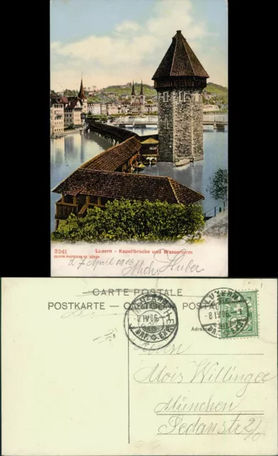 Ansichtskarte Luzern Lucerna Kapellbrücke und Wasserturm 1906