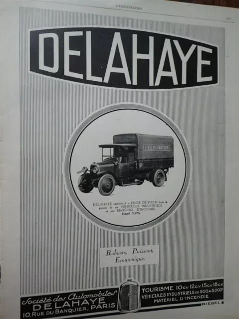 DELAHAYE camion automobile + BRILLANT BUHLER publicité papier ILLUSTRATION 1927