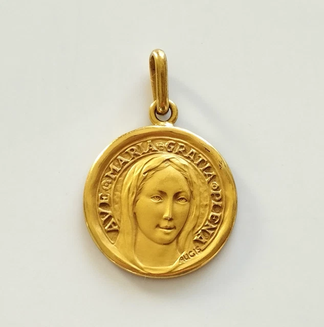 Broche Ancienne En Métal Doré SANCTA MARIA Signée PY - Thème Religieux, Bon état