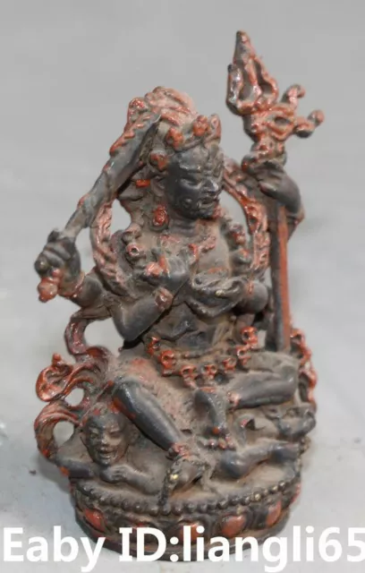 Old Tibet Black Bronze Zinnober 4 Arme Mahakala Wrathful Deity Buddha Statue 2