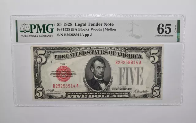 SAME PMG 65 EPQ $5 1928 US Legal Tender Note FR#1525 (BA Block) Red Seal *4714