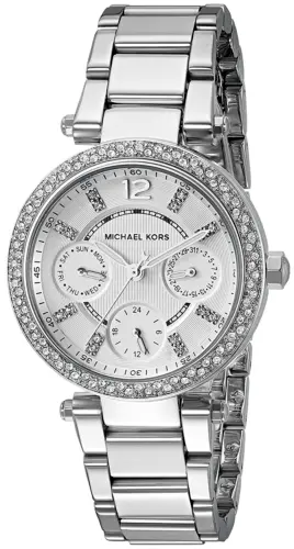 Michael Kors MK5615 Mini Parker Silver Glitz Ladies Stainless Chrono Watch + Bag