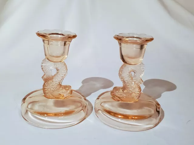 Pair (2) TIFFIN (?) Pink Depression Glass Koi Fish/Dolphin 4.25” Candlestick/Hol