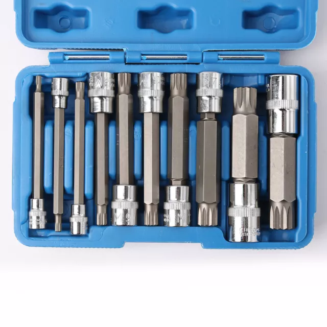 10pc 1/4" 3/8" 1/2" XZN Triple Square Long Spline Socket Bit Set Tamper Proof