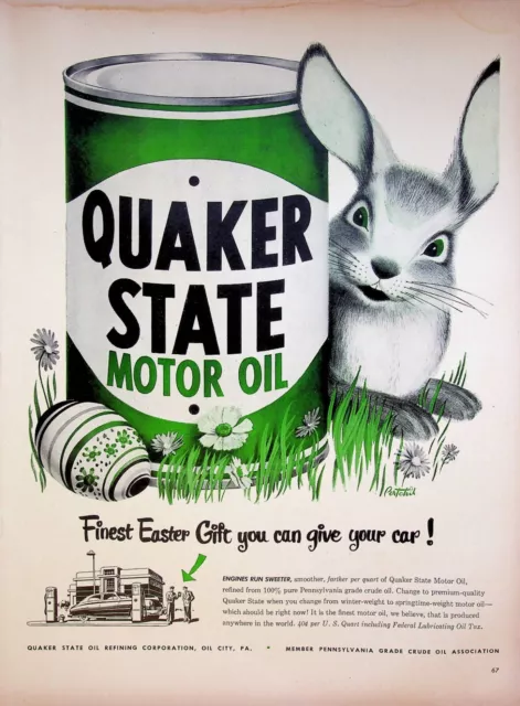 1949 Quaker State Motor Oil Vintage Print Ad 1940s Easter Egg Rabbit Finest Gift