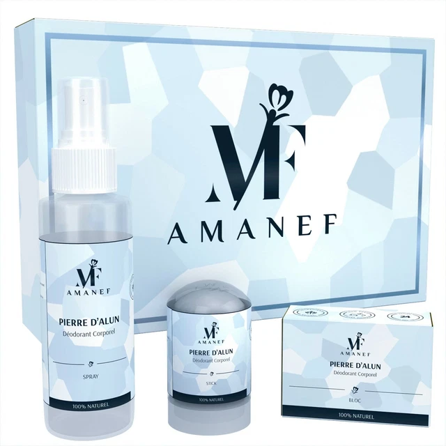 Amanef - Déodorant Pierre d'Alun 100% Naturel - Coffret, Stick, Spray, Bloc