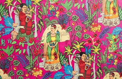 Indiano Frida Kahlo Rosa Stampato Tessuto Puro Cotone Abito 4.6m Handmade