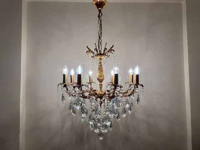Antique French Chandelier Vintage Brass & Crystals Huge with 8 Arms Ceiling Lamp