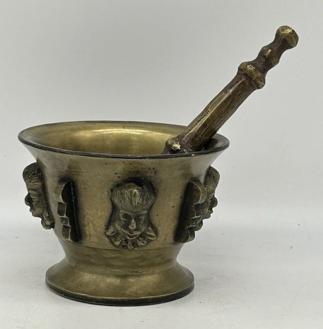 HEAVY BRASS MORTAR & Pestle, 4 Faces, Made in Spain, 3 3/8" Height 59.