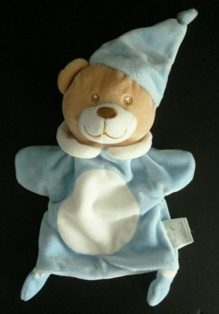 77. Doudou Marionnette Mes Petits Cailloux Ours Bleu Col Rond Blanc Bonnet Neuf*