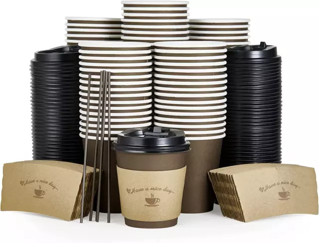 100 Pack 10 Oz Paper Coffee Cups, Brown Disposable Coffee Cups with Lids, Sleeve