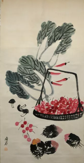 Vintage Chinese Watercolor FRUIT BASKET Wall Hanging Scroll Painting - Qi Baishi