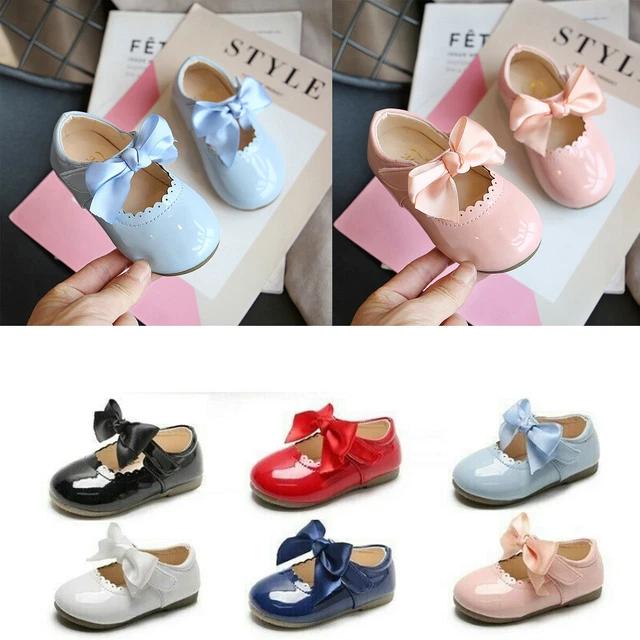 Spanish Bow Shoes Baby Girls Mary Jane Shiny Wedding Party Patent Flat Shoes Sz