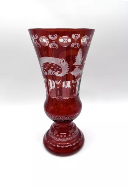 Hohe Vase Glas Rubin Rot Egermann Böhmen Glaskunst Geschliffen Vintage Pokalvase