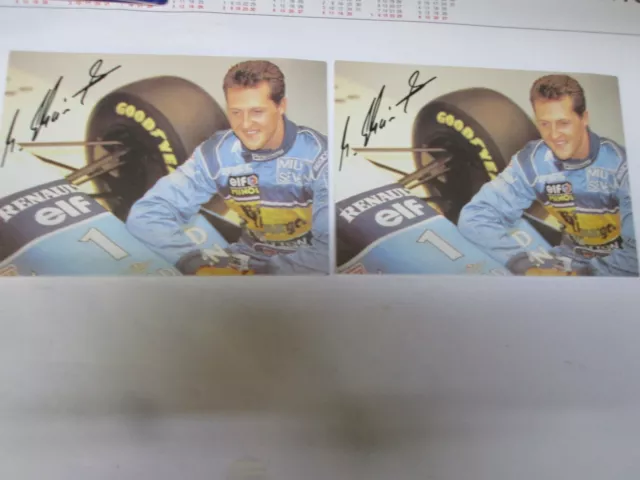 2 Stück Karten mit Michael Schumacher in Postkartengröße und Unterschrift