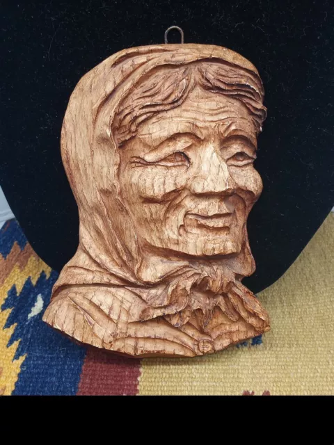 Vintage Sic Signed Hand Carved French Wood Sculpture Old Woman French Decor