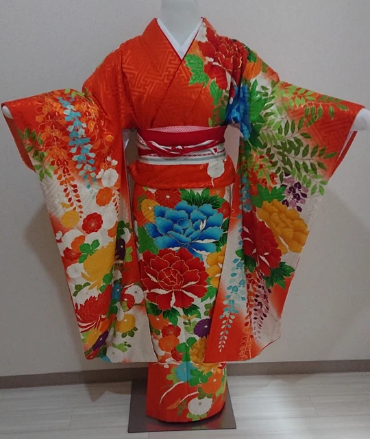 Vintage Japanese Wedding Kimono Silk flower orange red  KimonoDress Furisode