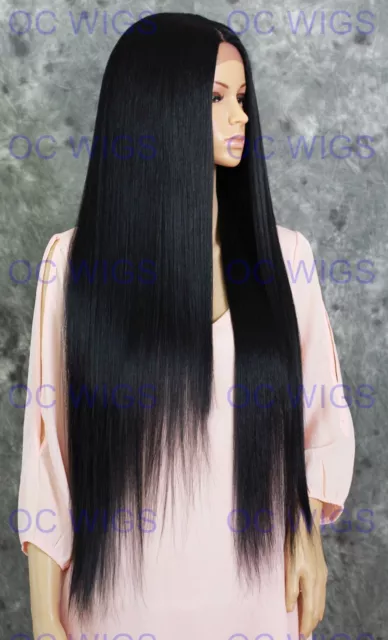 Extra Long Straight Heat Safe Lace Front Human Hair Blend Wig Jet Black EVEB 1