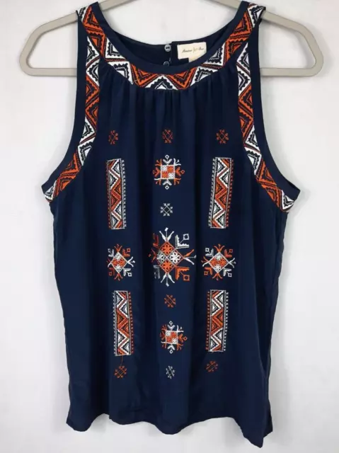 Anthropologie Meadow Rue Silk Top Womens Sz L Embroidered Sleeveless Blue Tank