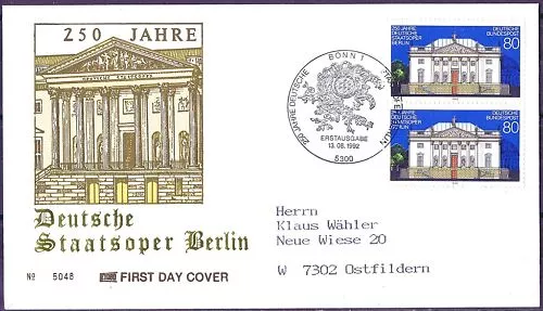 BRD 1992: Staatsoper Berlin! FDC Nr. 1625! Bonner Sonderstempel! Gelaufen! 22-10