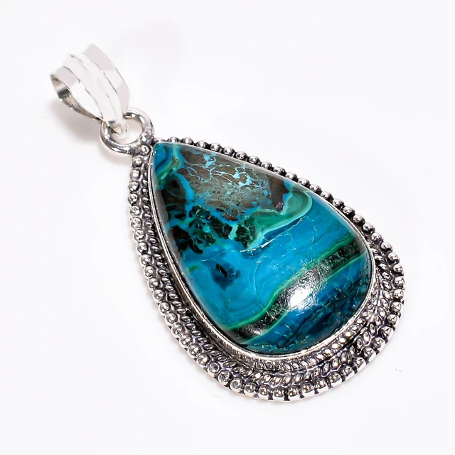 Chrysocolla Malachite Vintage Handmade 925 Sterling Silver Pendant 1.8" GSR-3840
