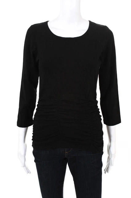 Magdalena Womens Ruched Casual Scoop Neck Long Sleeve Shirt Black Cotton Size XS