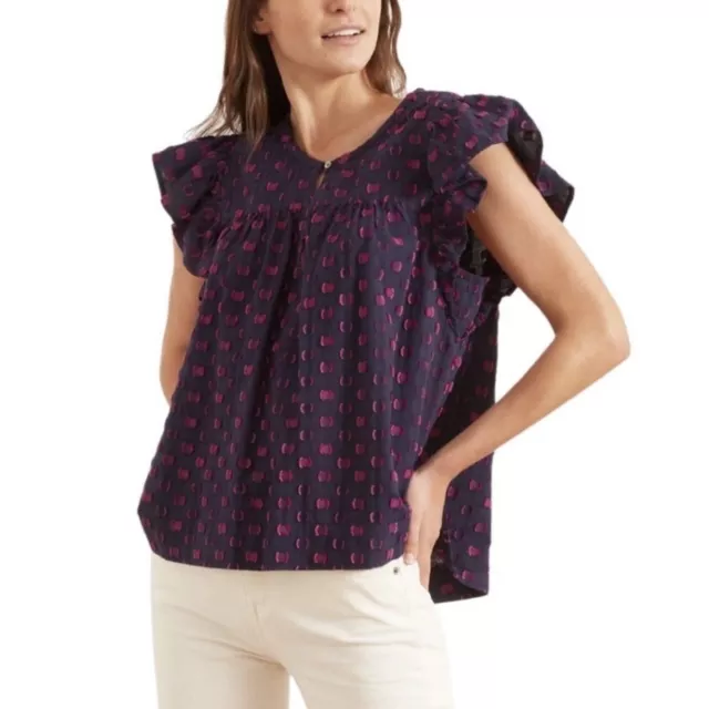 XIRENA Astrid Top in Moonset Blue Magenta Texture Dotted Short Sleeves Blouse XS