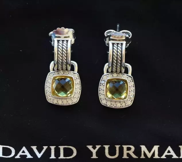 David Yurman Sterling Silver 7mm Albion Drop Earrings Lemon Citrine & Diamonds