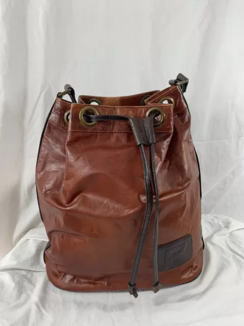 Genuine large two tone brown leather drawstring shoulder bag purse crossbody