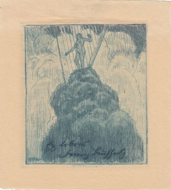Exlibris Bookplate Radierung Robert Budzinski 1874-1955 Frauenakt Harfe Fels Akt